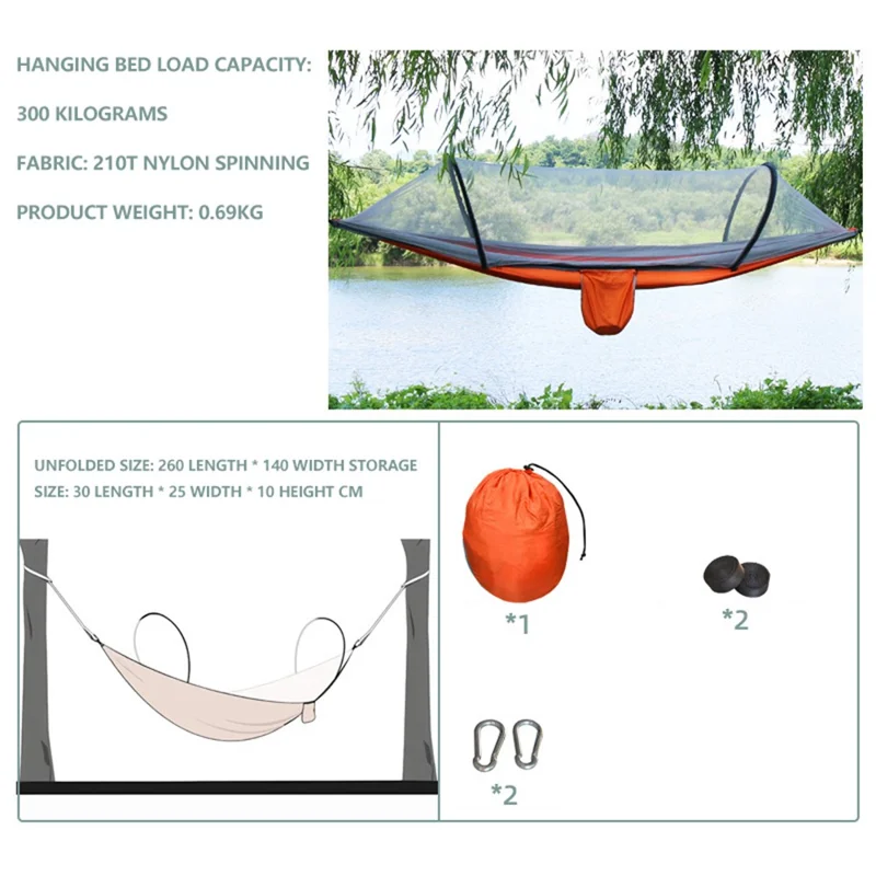 Camping Hammock Mosquito Net Hanging Bed for 2 People, Unfolded Size: 260x140cm - Orange Grey