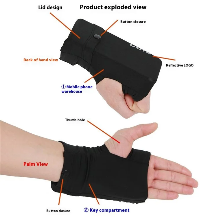Outdoor Sports Handytasche Handschuh Beutel Karten Schlüssel Aufbewahrungstasche mit Daumenöffnung - Schwarz M / Linke Hand