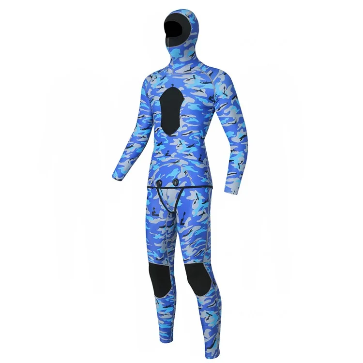 BLUE DIVE WDS-2089 Roupa Mergulho Livre 3mm Neoprene Parte Superior e Calças com Capuz, Tamanho: XXL - Azul Camuflagem