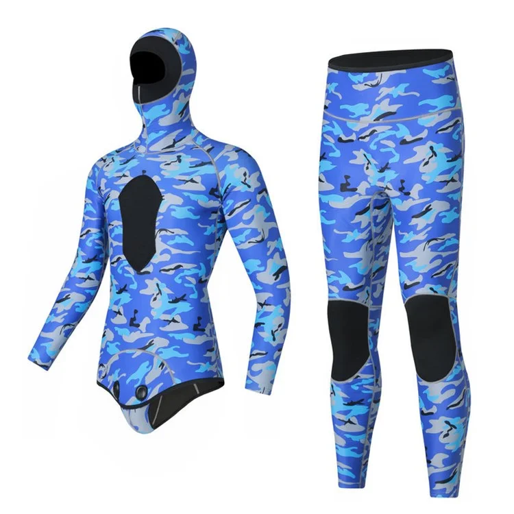 BLUE DIVE WDS-2089 Roupa Mergulho Livre 3mm Neoprene Parte Superior e Calças com Capuz, Tamanho: XXL - Azul Camuflagem