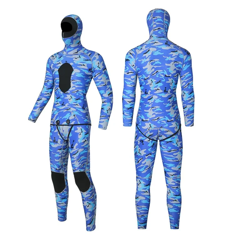 BLUE DIVE WDS-2089 Roupa Mergulho Livre 3mm Neoprene Parte Superior e Calças com Capuz, Tamanho: XXL - Azul Camuflagem