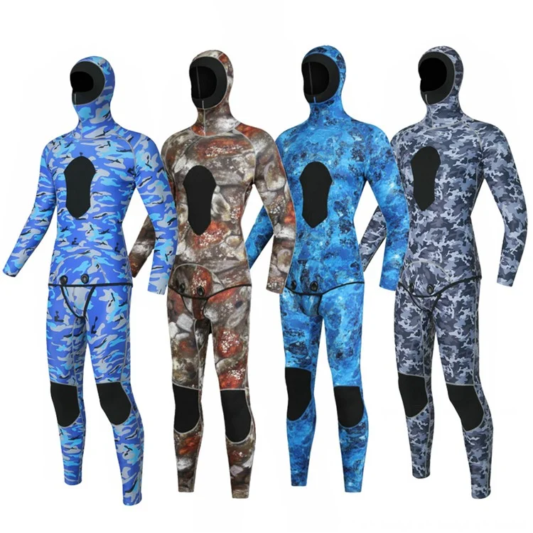 BLUE DIVE WDS-2089 Roupa Mergulho Livre 3mm Neoprene Parte Superior e Calças com Capuz, Tamanho: XXL - Azul Camuflagem