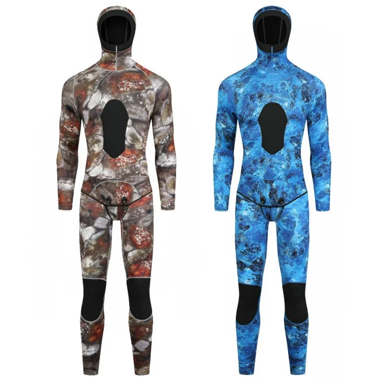 BLUE DIVE WDS-2089 3mm Neopren-Freediving-Neoprenanzug, Taucheranzug mit Kapuze, Oberteil und Hose, Größe: S - Stein-Tarnmuster