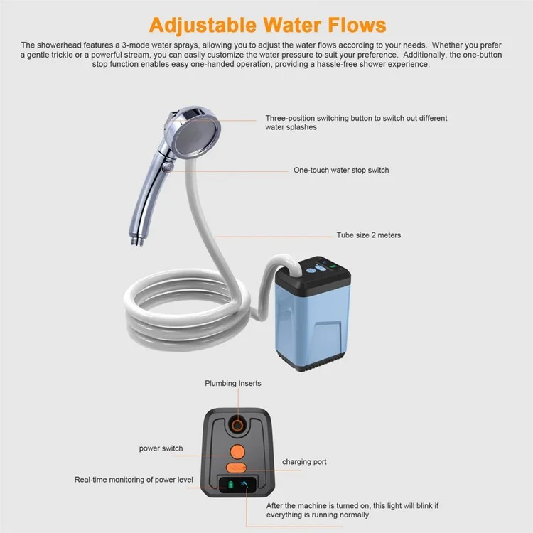 Portable Electric Shower Rechargeable with Intelligent Digital Display for Camping, Hiking - Orange / 1 Spray Mode