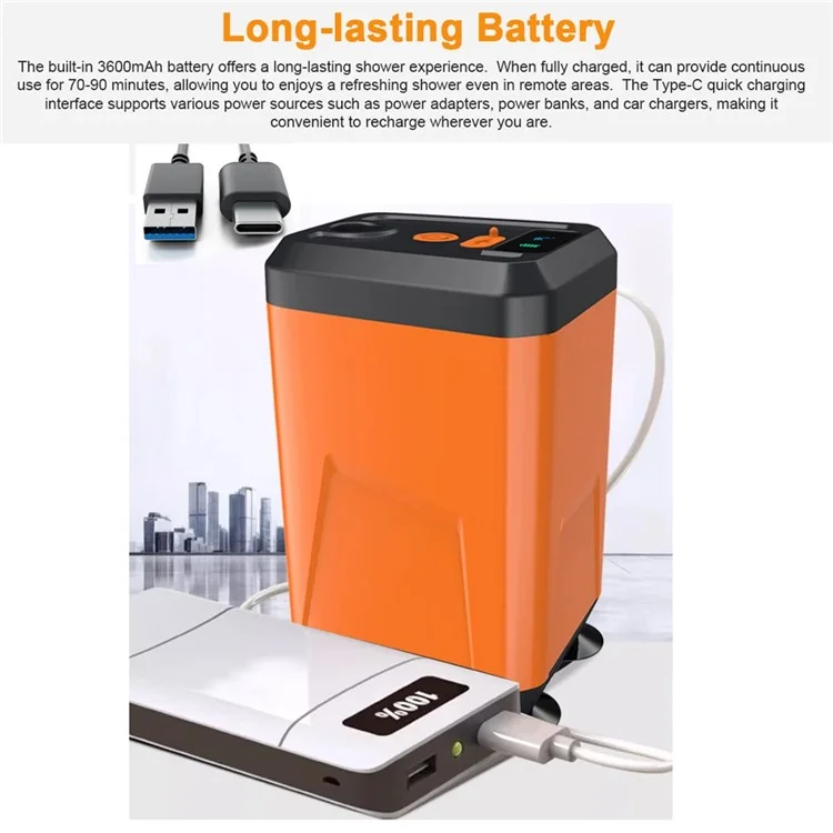 Portable Electric Shower Rechargeable with Intelligent Digital Display for Camping, Hiking - Orange / 1 Spray Mode
