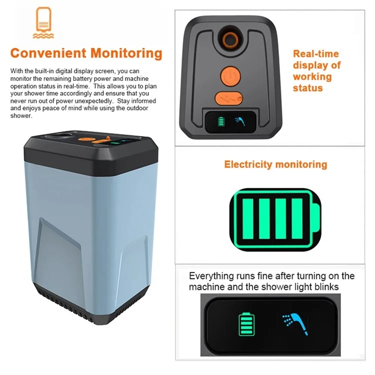 Portable Electric Shower Rechargeable with Intelligent Digital Display for Camping, Hiking - Orange / 1 Spray Mode