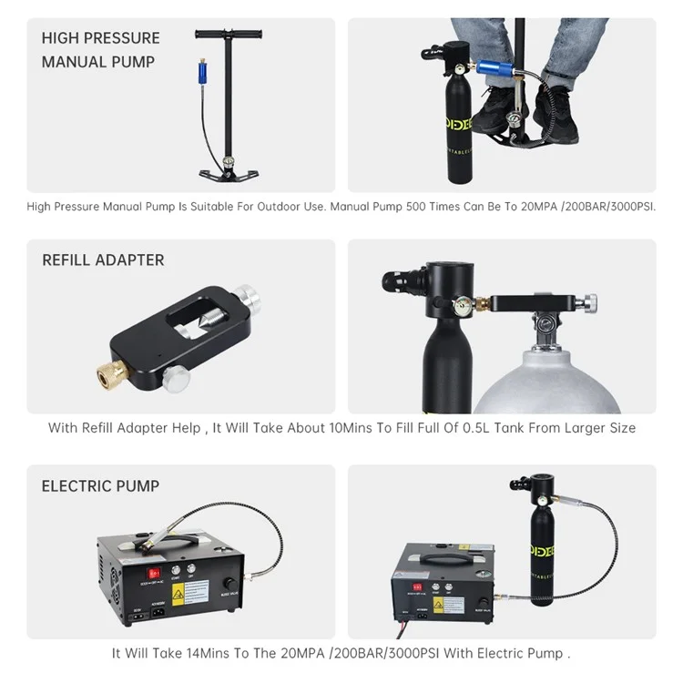 Dideep X3000pro 5-10 Minuten Tauchen 0,5 l Mini-lungenlufttank Mit Standardadapter + Anti-lanyard-kit-set, Style B - Schwarz