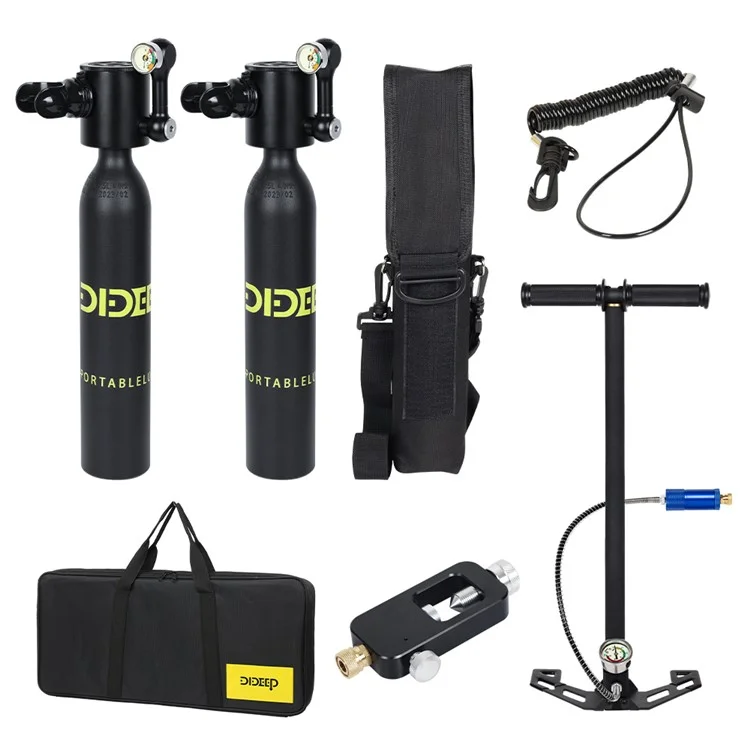 DIDEEP X3000pro 2PCS 0,5 l Mini Réservoir de Plongée Sous-marine Avec Pompe, Adaptateur, Longe Anti-perd, Sac de Rangement, Sac à Main - Noir