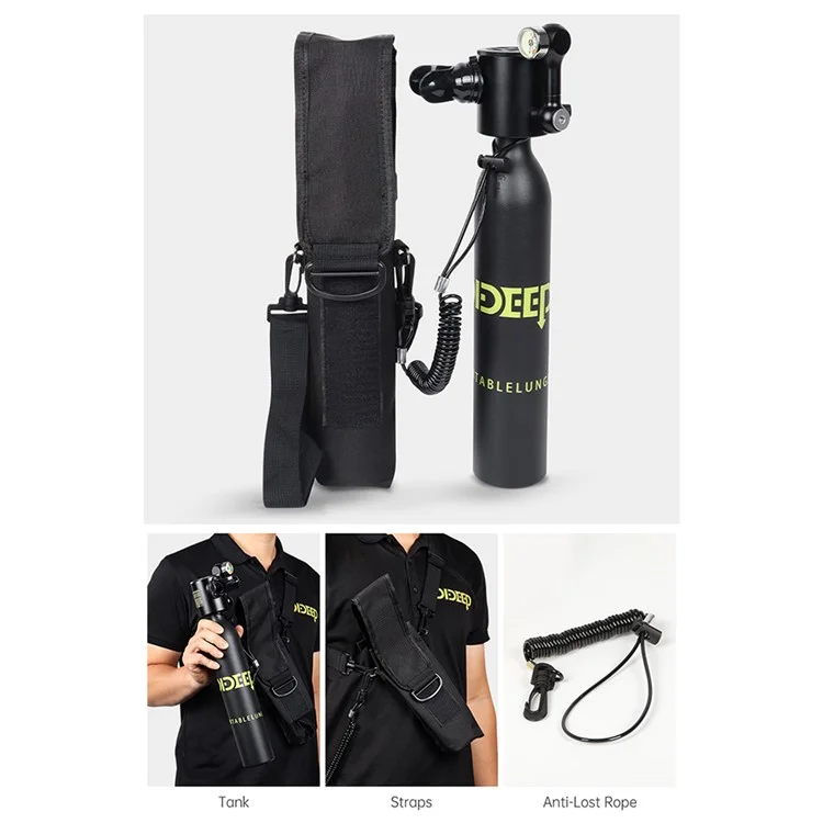 DIDEEP X3000pro 2PCS 0,5 l Mini Réservoir de Plongée Sous-marine Avec Pompe, Adaptateur, Longe Anti-perd, Sac de Rangement, Sac à Main - Noir