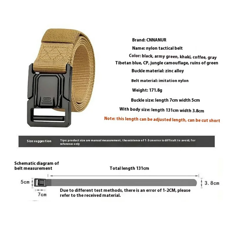 SN-P113 125x3.8cm Men's Nylon Web Tactical Belt Adjustable Work Belt with Zinc Alloy Buckle - Khaki