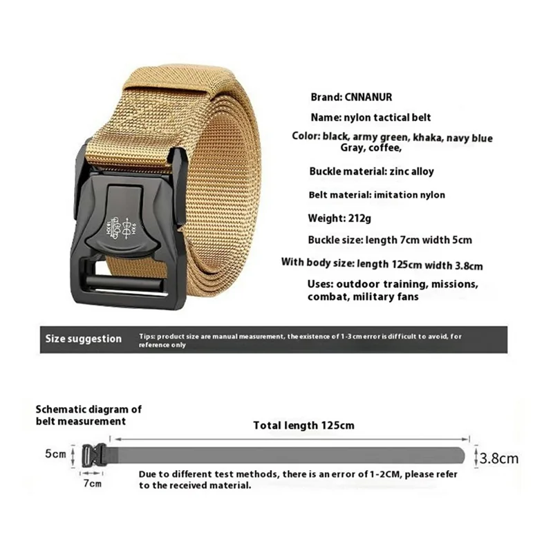 SN-P104 125x3.8cm Men's Nylon Webbing Belt Tactical Training Work Belt with Zinc Alloy Buckle - Khaki