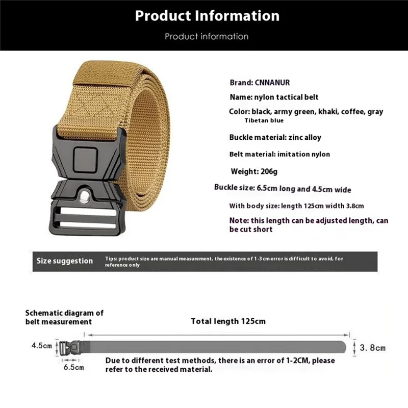 SN-P118 125x3.8cm Men's Nylon Webbing Belt Tactical Training Work Belt with Zinc Alloy Press-Type Buckle - Black