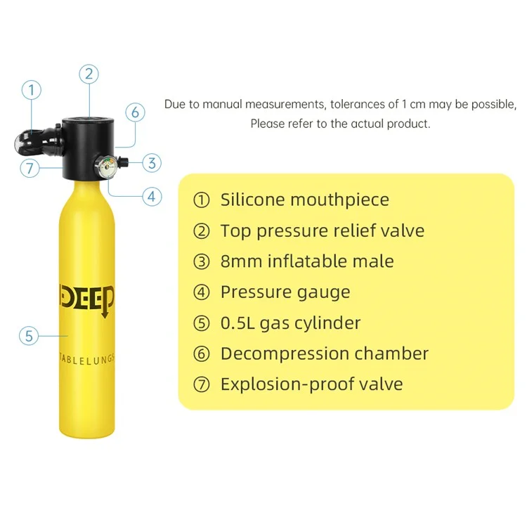 Dideep X3000 0,5l Mini Réservoir D'oxygène de Plongée de Plongée Avec Adaptateur + Lanière Anti-perd + Sac de Rangement, Style B - Jaune