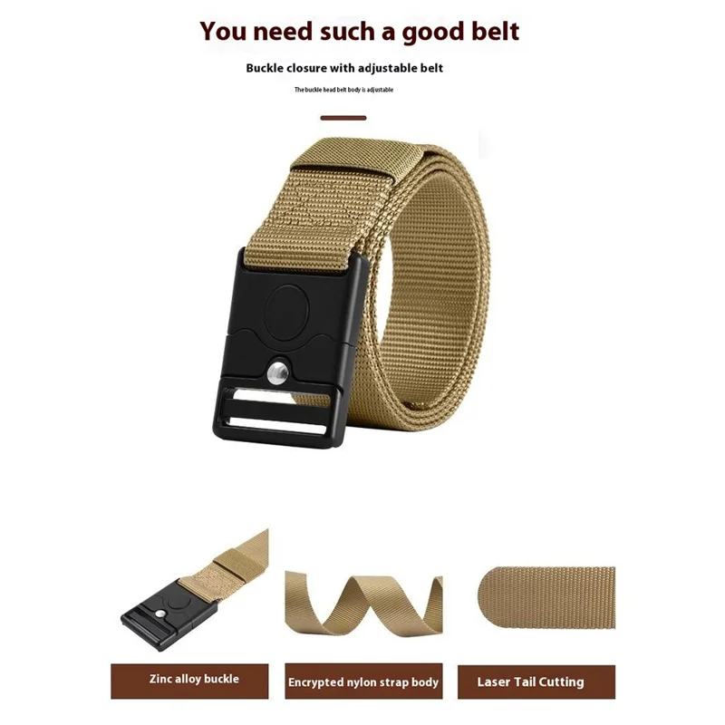 SN-P119 125x3.8cm Men's Nylon Webbing Belt Tactical Training Work Belt with Press-Type Zinc Alloy Buckle - Khaki