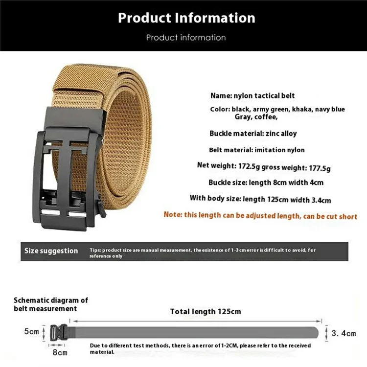 SN-P105 3.4cm Outdoor Men Waistband Imitation Nylon Tactical Belt with Zinc Alloy Automatic Buckle, Length: 125cm - Green