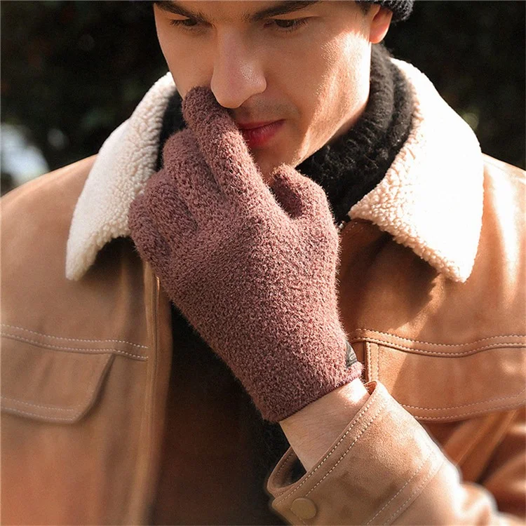 GOLOVEJOY DZ142 1 Pair Outdoor Cycling Winter Warm Gloves Solid Color Full Finger Knitted Gloves - Coffee L