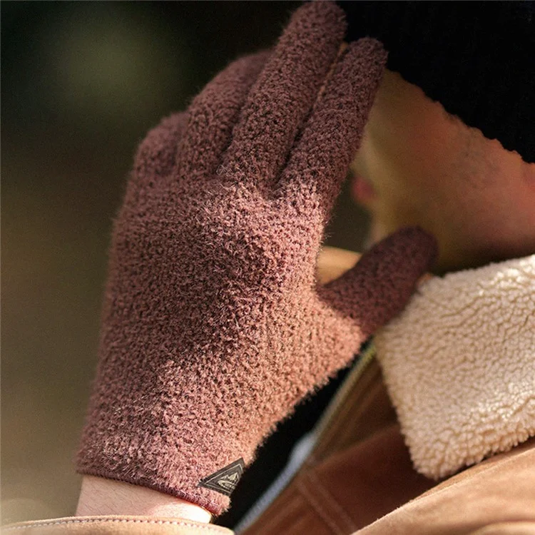 GOLOVEJOY DZ142 1 Pair Outdoor Cycling Winter Warm Gloves Solid Color Full Finger Knitted Gloves - Coffee L