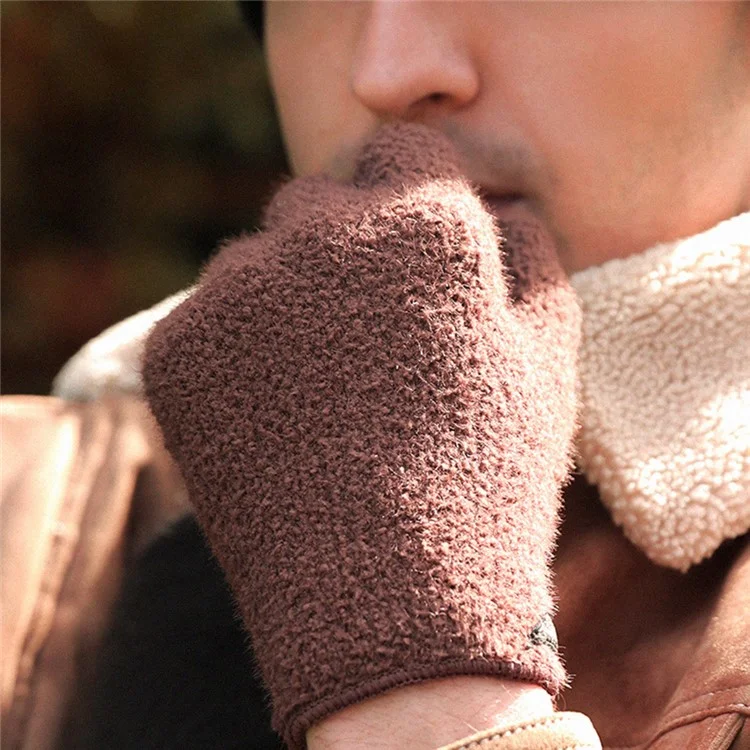 GOLOVEJOY DZ142 1 Pair Outdoor Cycling Winter Warm Gloves Solid Color Full Finger Knitted Gloves - Coffee L