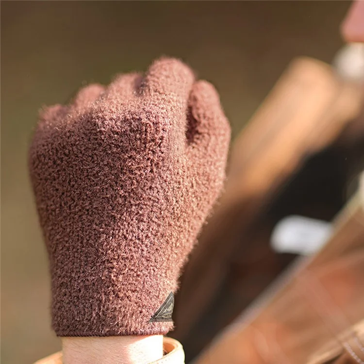 GOLOVEJOY DZ142 1 Pair Outdoor Cycling Winter Warm Gloves Solid Color Full Finger Knitted Gloves - Coffee L