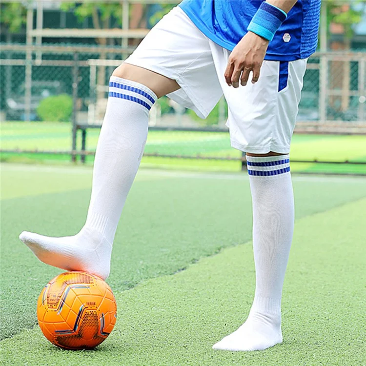 LINGTU 1 Par de Meias Altas de Futebol Listradas Antiderrapantes para Adultos, Tamanho L, 39-44 - Branco e Preto