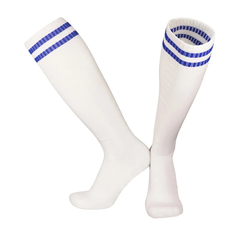 LINGTU 1 Pair Stripe Knee High Soccer Socks Slip-Proof Sports Socks for Adults, L Size, 39-44 - White and Blue