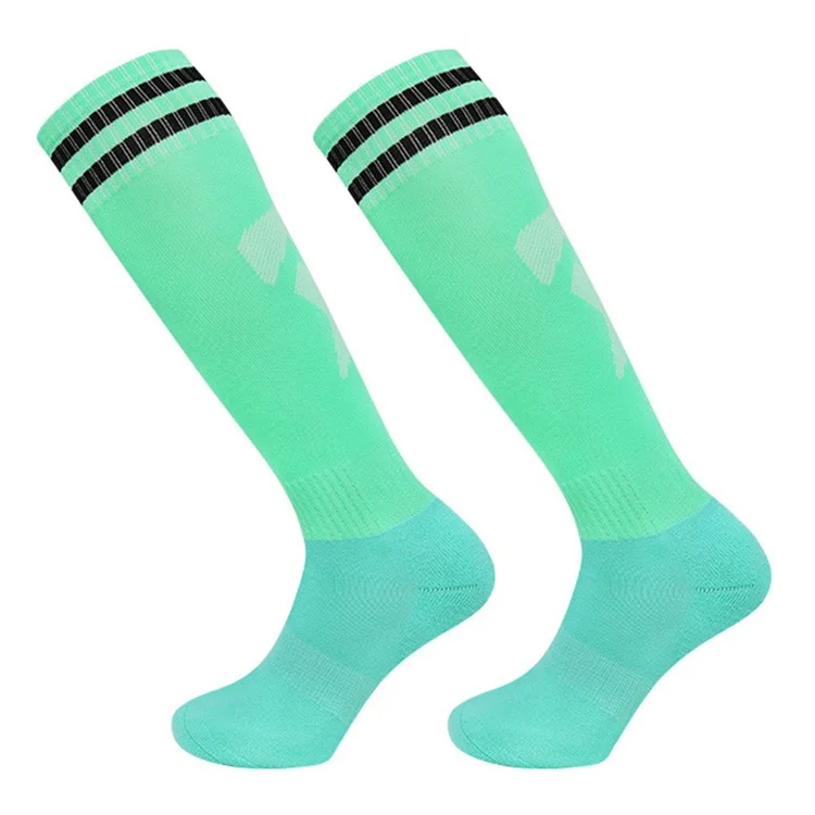 LINGTU 1 Pair Stripe Knee High Soccer Socks Slip-Proof Sports Socks for Adults, L Size, 39-44 -  Light Lake Blue and Black