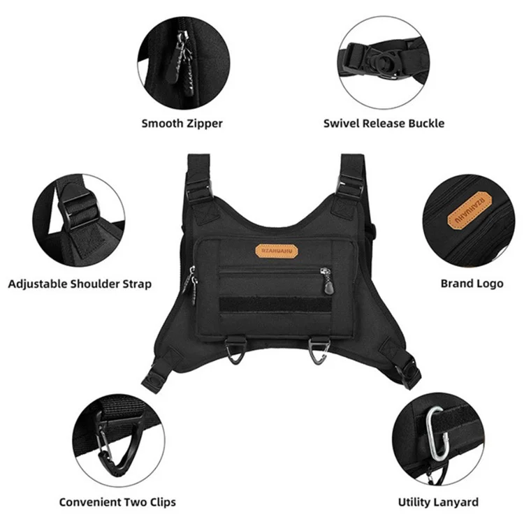 RZAHUAHU Waterproof Outdoor Bicycle Cycling Running Chest Bag 600D Oxford Cloth Tactical Vest Bag - Black