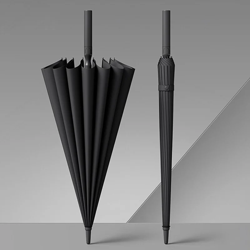 Parapluie long semi-automatique de 110 cm à 16 baleines avec poignée givrée et étui - Noir