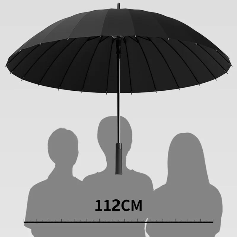 Guarda-chuva longo semiautomático de 112 cm com 24 varetas, alça fosca e capa - Preto
