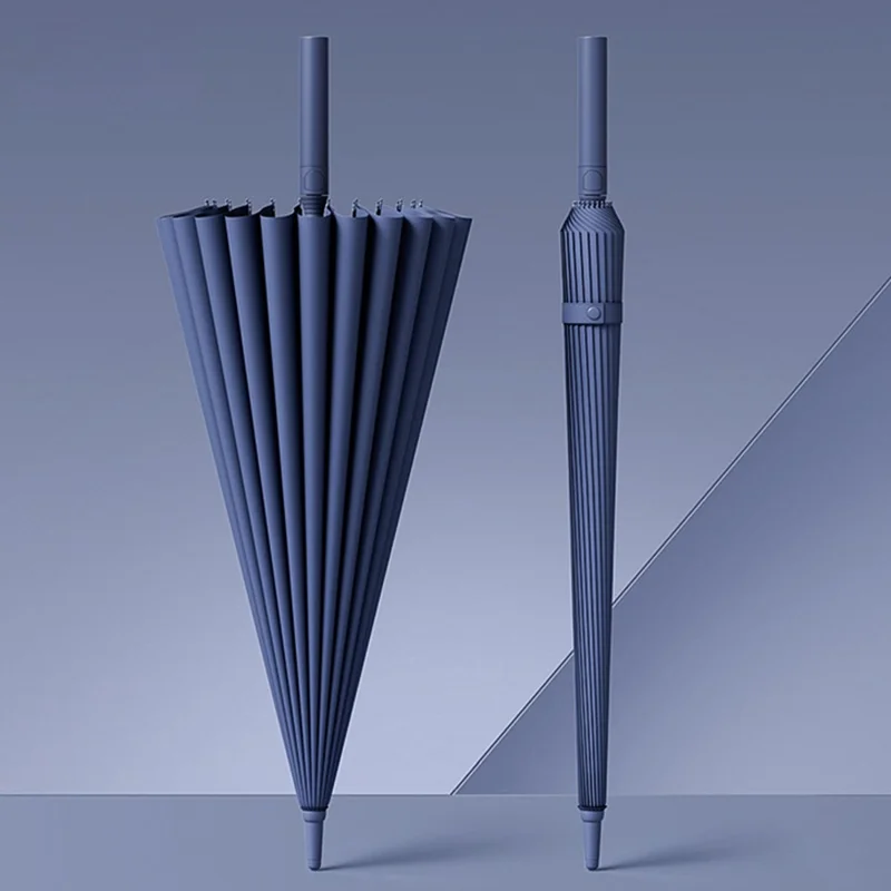 112cm 24 Ribs Semi-Automatic Long Umbrella Frosted Handle Umbrella with Sleeve - Dark Blue