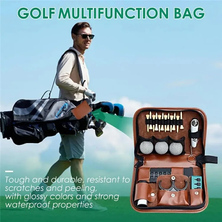 Bolsa de almacenamiento de herramientas de golf de cuero de PU, portátil, de gran capacidad, con cremallera para accesorios de golf.