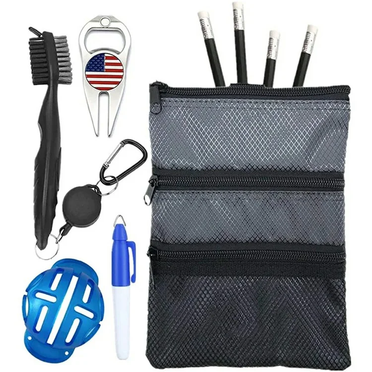 Bolsa de acessórios de golfe com vários bolsos, organizador portátil para armazenamento de bolas de golfe e tees, com design de gancho para pendurar - Preto