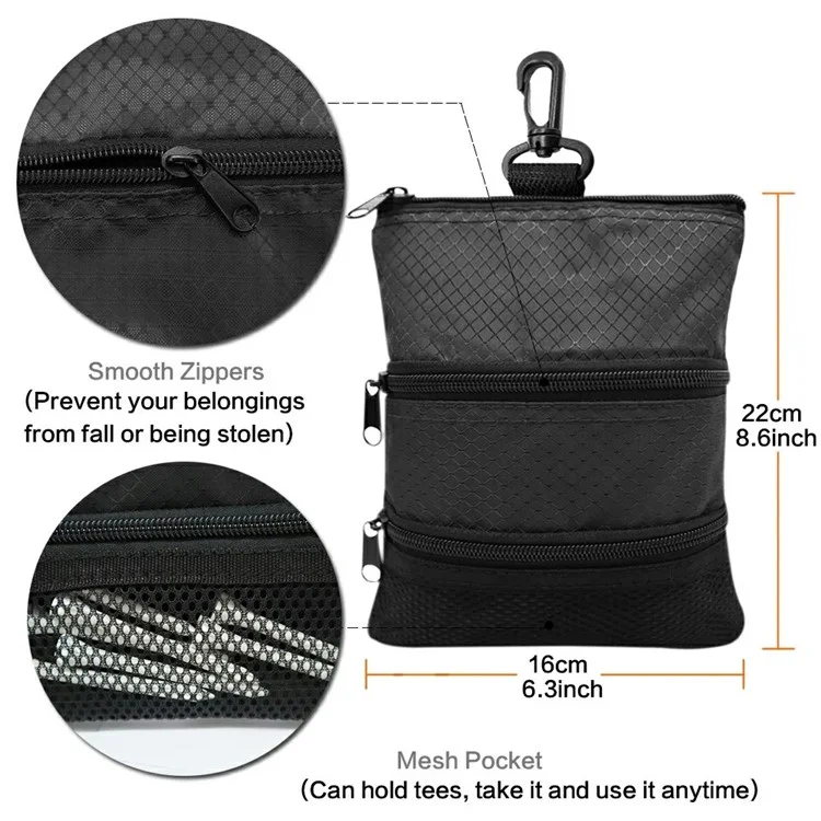 Bolsa de acessórios de golfe com vários bolsos, organizador portátil para armazenamento de bolas de golfe e tees, com design de gancho para pendurar - Preto