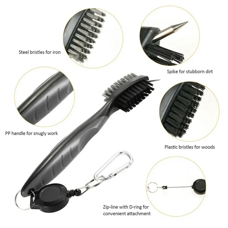 Golf Club Grooves Brush Copper+PP Bristles Double Sided Cleaning Tool with Retractable Rope - Green
