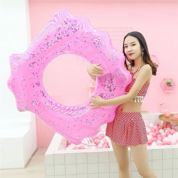 100*110cm PVC Swim Ring Inflatable Sequins Shell Shape Water Float for Children Adults - Pink