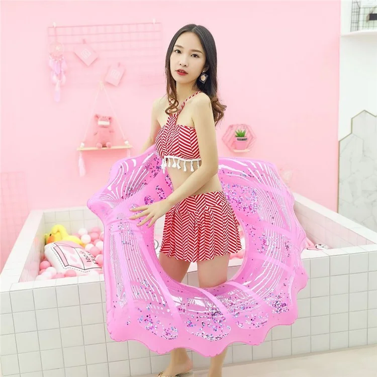 100*110cm PVC Swim Ring Inflatable Sequins Shell Shape Water Float for Children Adults - Pink