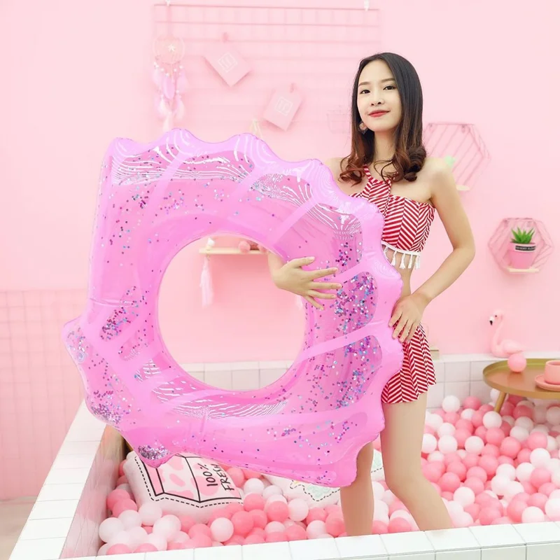 80*90cm Sequins Shell Shape Inflatable Swimming Ring Summer Pool Toy - Pink