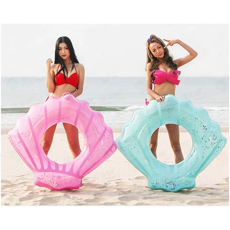 80*90cm Sequins Shell Shape Inflatable Swimming Ring Summer Pool Toy - Blue