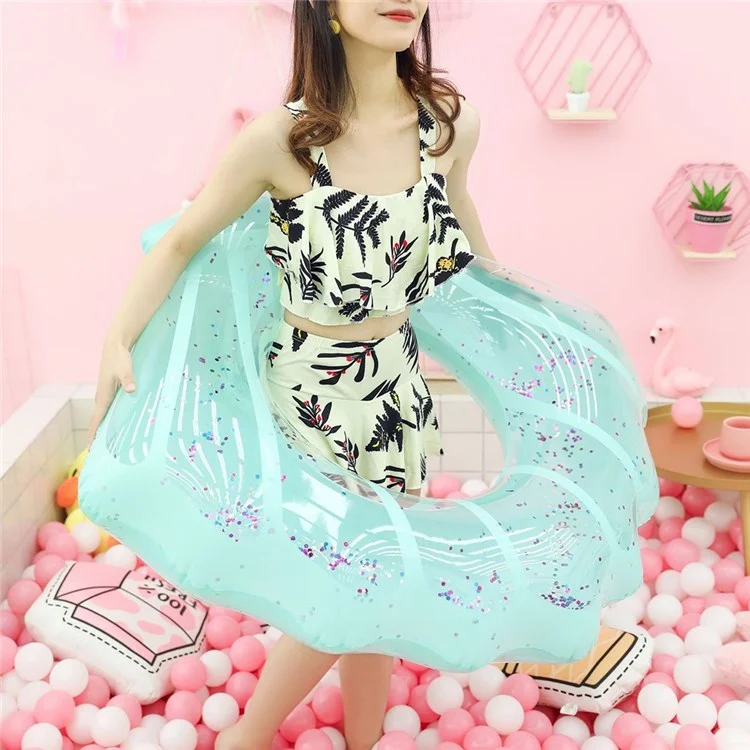 80*90cm Sequins Shell Shape Inflatable Swimming Ring Summer Pool Toy - Blue