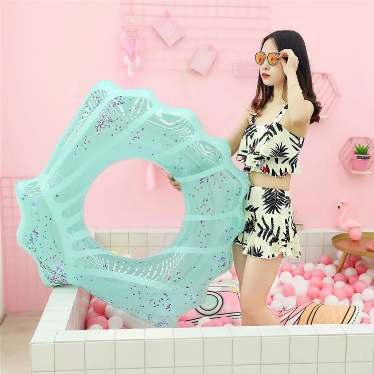 80*90cm Sequins Shell Shape Inflatable Swimming Ring Summer Pool Toy - Blue