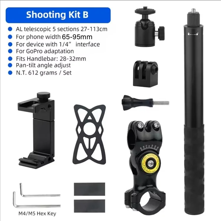 KMR011B Bicycle Handlebar Mount Sport Camera Holder Selfie Stick Kit with Aluminum Alloy Phone Clamp M06B
