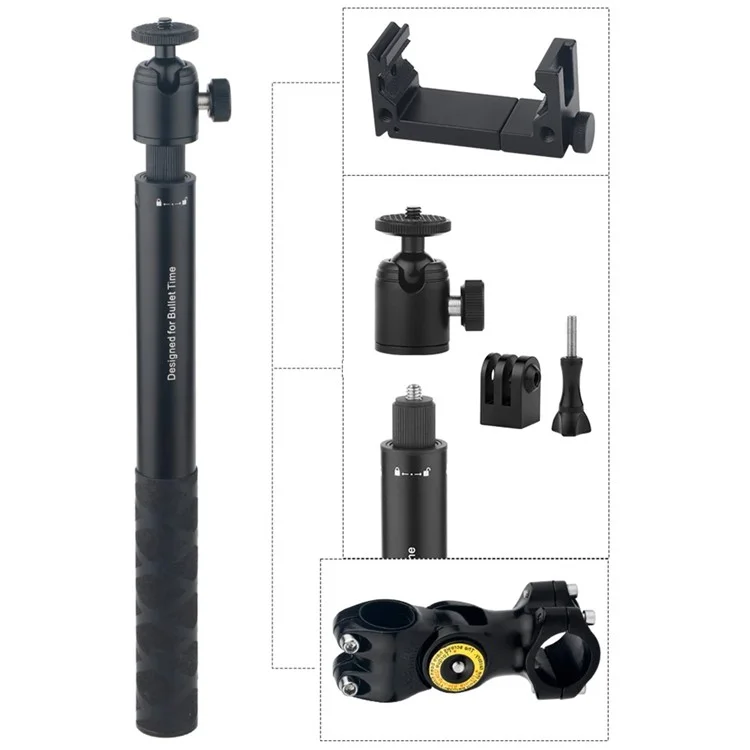 KMR011B Bicycle Handlebar Mount Sport Camera Holder Selfie Stick Kit with Aluminum Alloy Phone Clamp M06B