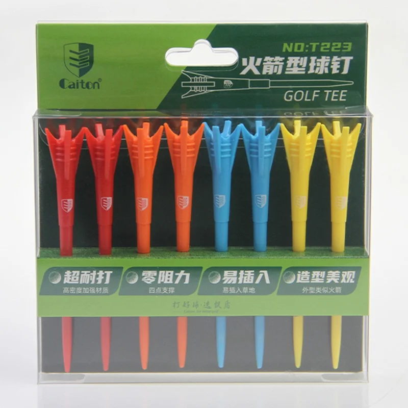 CAITON 8Pcs Mixed Colors Golf Tees 83mm Rocket Shaped Low Resistance 3-Stage Plastic Tees