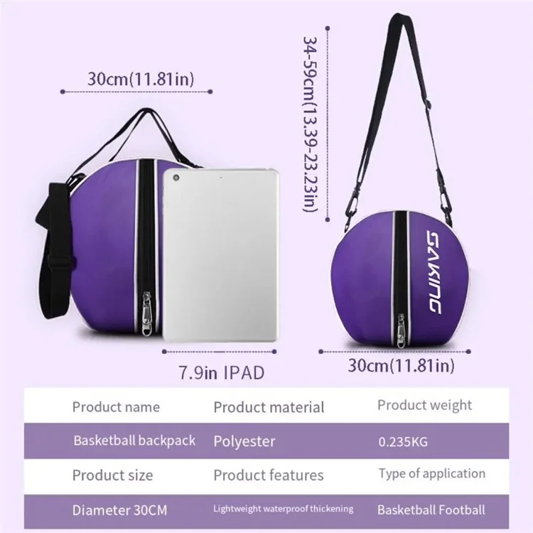 Haltbare Polyester-Faser-Basketball-Tasche 30 cm Sporttrainingsrucksack mit verstellbarem Schultergurt - Lila