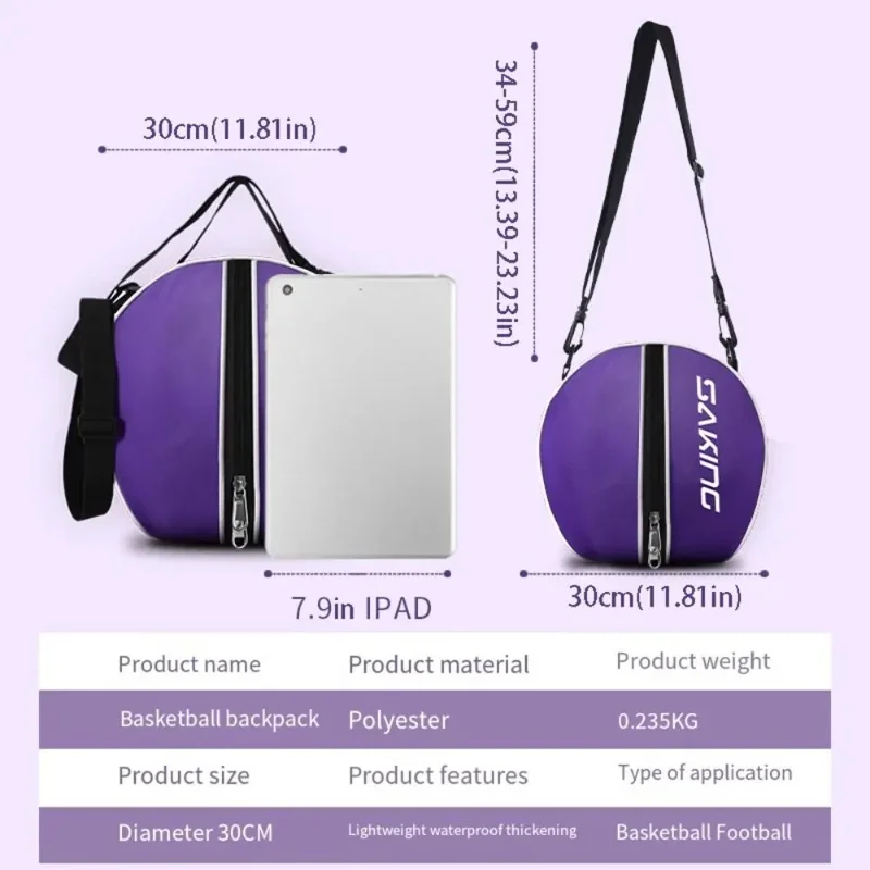 Durable Polyester Fiber Basketball Bag 30cm Sports Training Backpack with Adjustable Shoulder Strap - Black