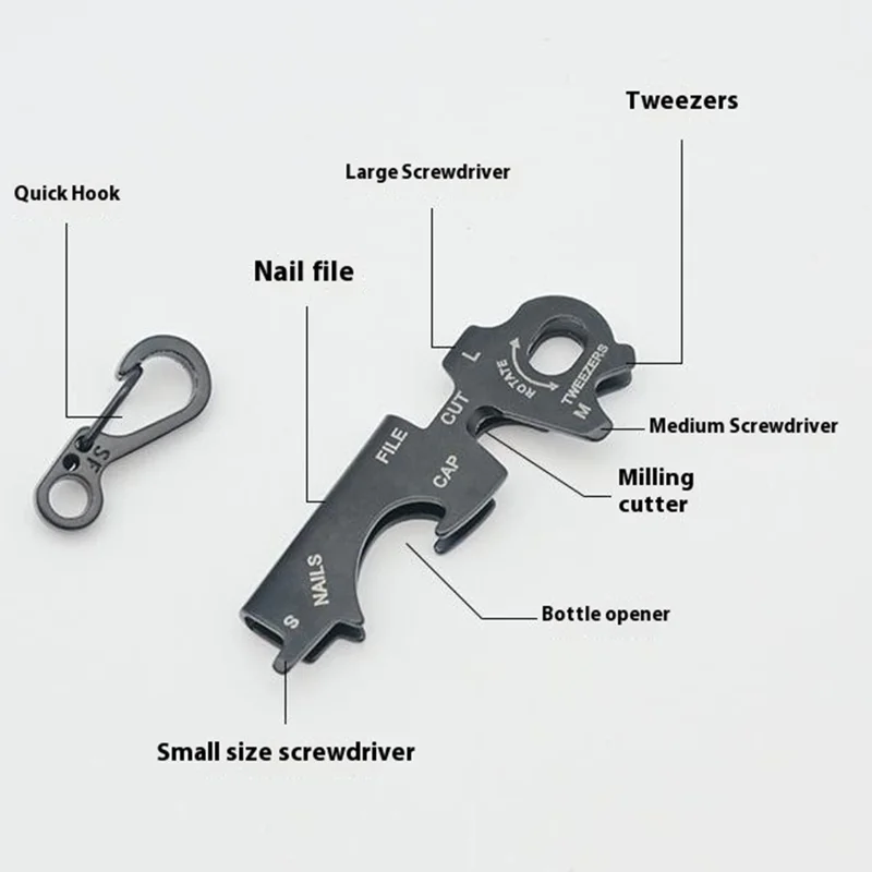 Outdoor Camping Multitool Keychain 8-in-1 Stainless Steel Bottle Opener  /  EDC Gear  /  Beer Opener For Outdoor Use - Black