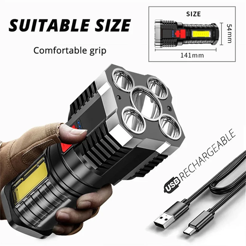 Rechargeable Flashlight IPX4 Waterproof Portable 5 LED High Brightness COB Work Light Built-in 800mAh Lithium Battery - Black