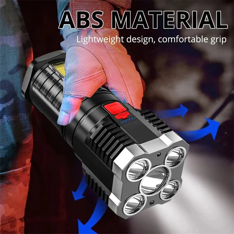 Rechargeable Flashlight IPX4 Waterproof Portable 5 LED High Brightness COB Work Light Built-in 800mAh Lithium Battery - Black
