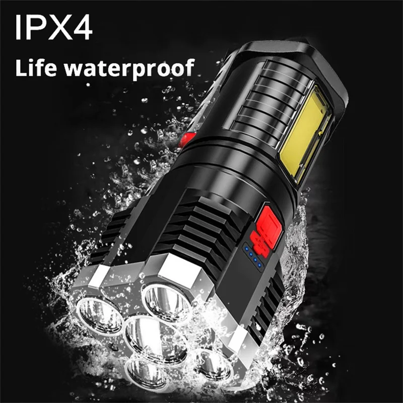 Rechargeable Flashlight IPX4 Waterproof Portable 5 LED High Brightness COB Work Light Built-in 800mAh Lithium Battery - Black