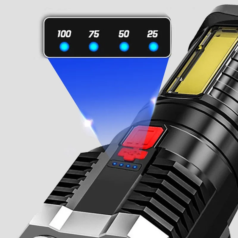 Rechargeable Flashlight IPX4 Waterproof Portable 5 LED High Brightness COB Work Light Built-in 800mAh Lithium Battery - Black